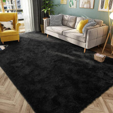 (Black Solid Color, 140cm X200cm/55.00inch X 78.70inch) Tie-dye/Grid Style Faux Fur Shag Area Rug, 1 Count Non-slip Soft Floor Carpet, Decorative Area Rug for Home Living Room Bedroom, Room Decor