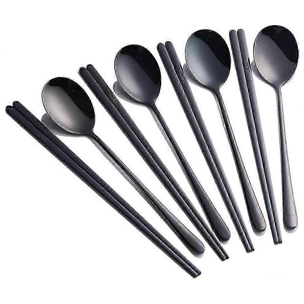 2024 Fits 4 Sets Korean Chopsticks Korean Spoons Black Stainless Steel Chopsticks Spoon Service for 4 People