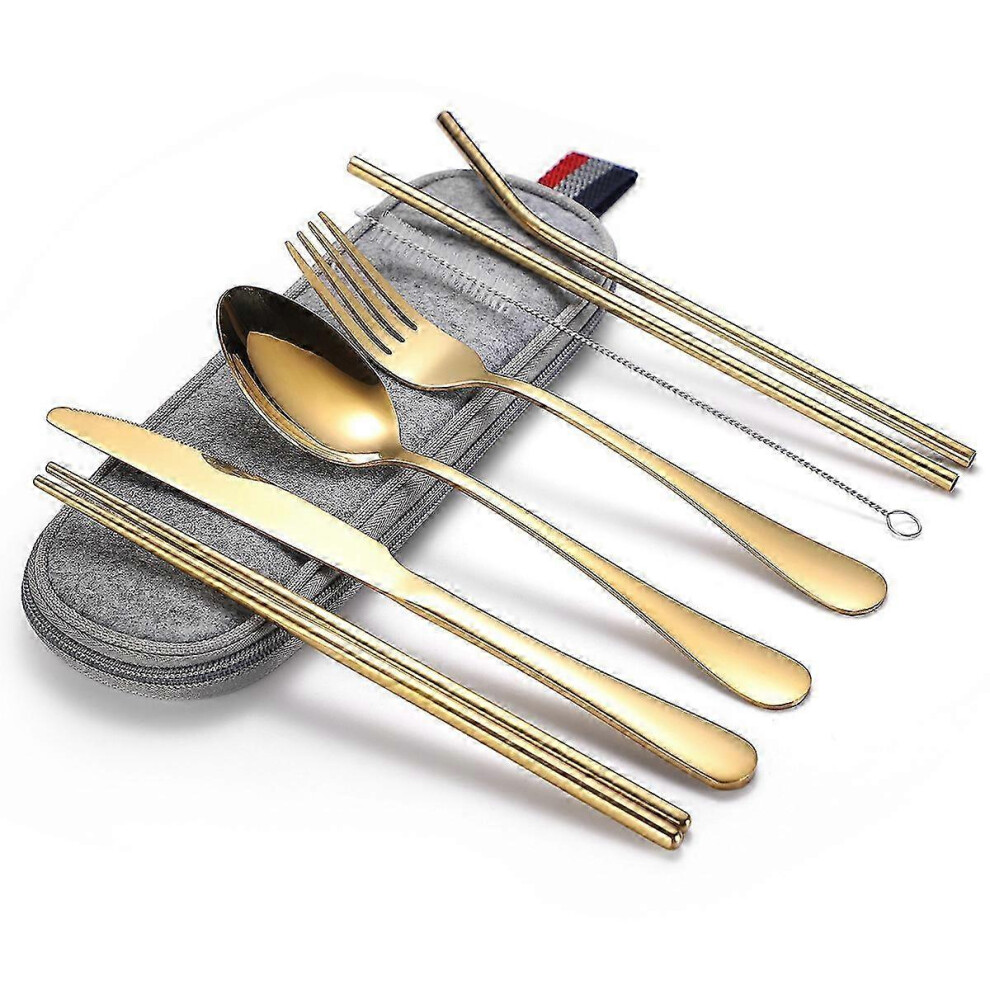 Piece Travel Cutlery Set, Stainless Steel Camping Cutlery, Portable and Reusable Travel Utensils Including Fork, Knife, Spoon, Straws and Chopsticks