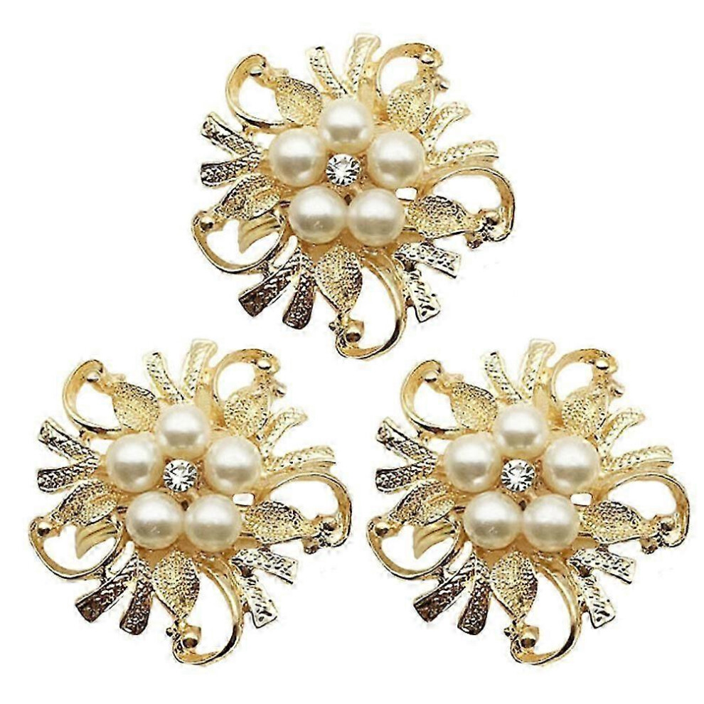 Set of 3 Alloy Napkin Rings, Flower and Pearl Pattern, for Dining Table (Gold)