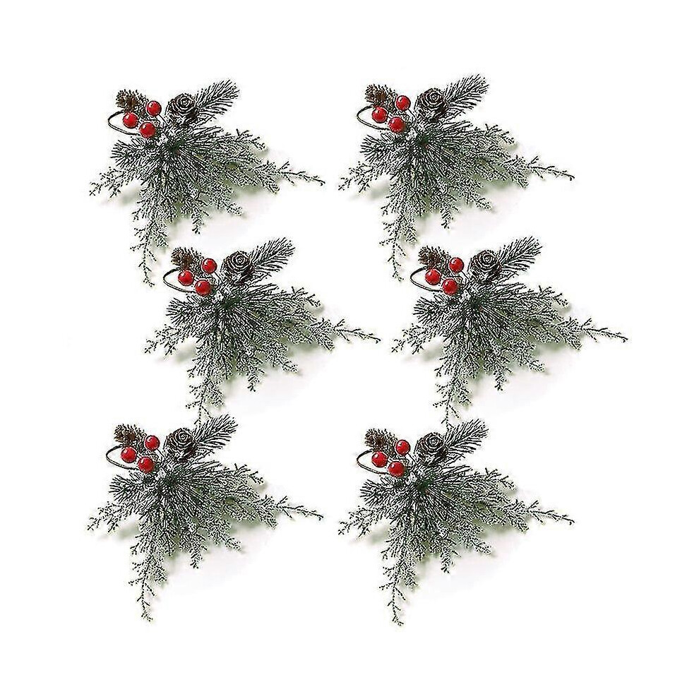 Set Of 6 Christmas Napkin Rings With Artificial Pine Cone Branches And Berries Xixi Red