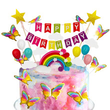 Rainbow Butterflies Cake Topper Decorations 23 Piece Birthday Cake Topper Bunting Set DIY Colorful Theme for Kids Party