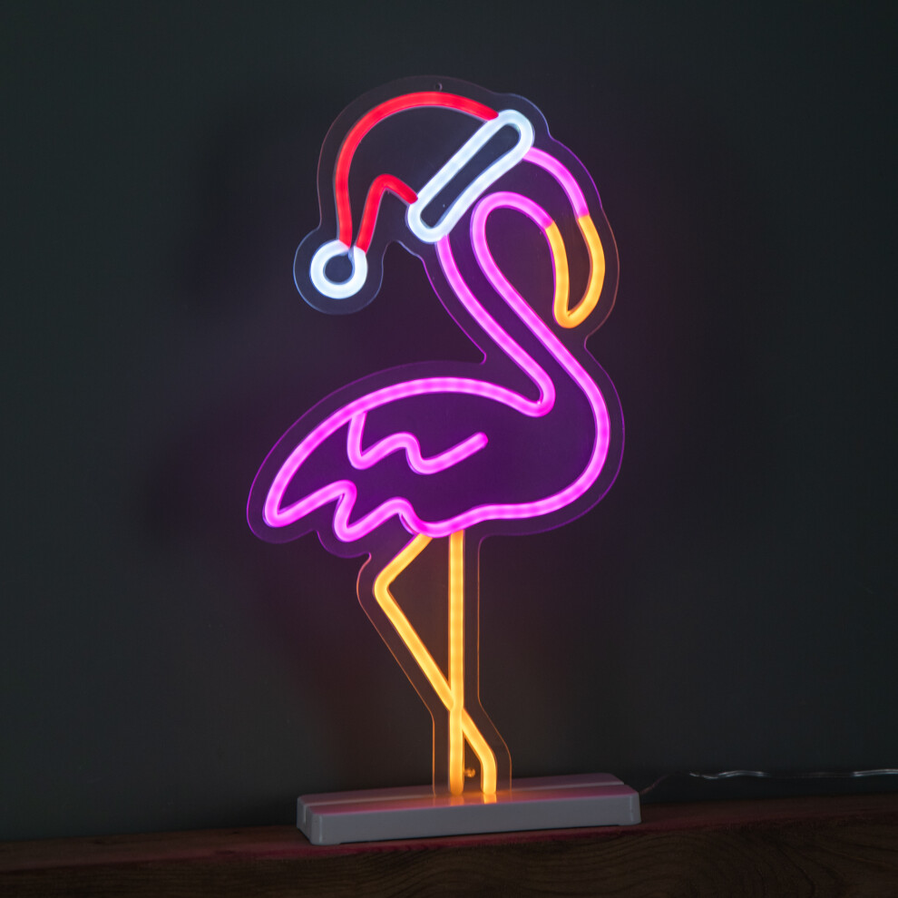 Festive 43Cm Light Up Neon Effect Flamingo With Santa Hat On Base With Multi-Coloured Leds