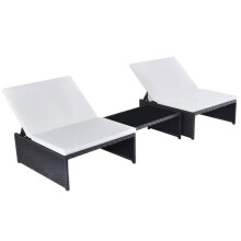 Transats de chaise longue - Rattan - Preto - Encosto ajustável - Almofadas removíveis - Mesa de centro incluída