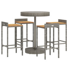 Ensemble de bar de jardin - Tendance - 5 pièces - Gris - Résine tressée - Bois massif acacia