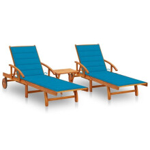 Lote de 2 tumbonas chaise longue de sol jardín terraza mueble de exterior con mesa y cojines de acacia