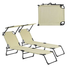 Conjunto de 2 espreguiçadeiras dobráveis com cobertura contra o sol de relaxamento em aço 190 cm creme