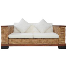 Canapé de 2 lugares para sala de estar em casa com almofadas marrons em rattan natural.