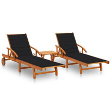 Conjunto de 2 espreguiçadeiras chaise longue, espreguiçadeira de sol, cama de jardim, móvel de exterior com mesa e almofadas em acácia.
