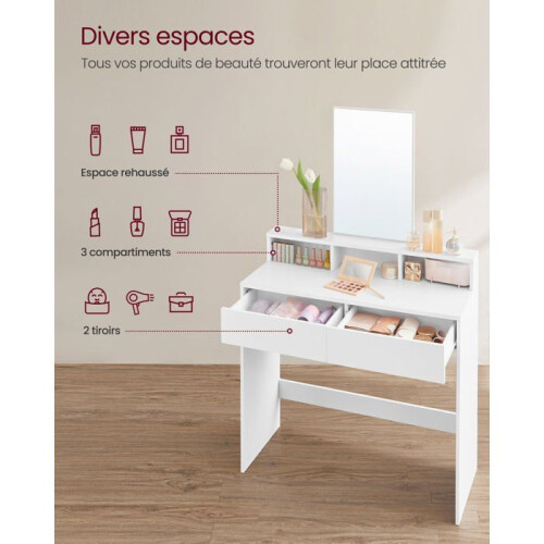 Coiffeuse - HELLOSHOP26 - Miroir Rectangulaire - 2 Tiroirs - 3 Compartiments - Blanc 1