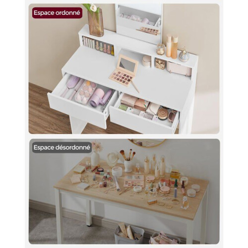 Coiffeuse - HELLOSHOP26 - Miroir Rectangulaire - 2 Tiroirs - 3 Compartiments - Blanc 2