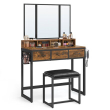 Coiffeuse - HELLOSHOP26 - 90x40x141 cm - 3 tiroirs - Miroir triple - Tabouret rembourré
