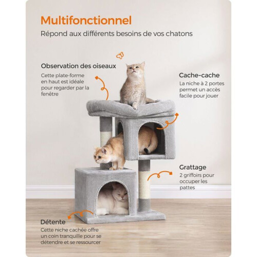 Kratzbaum - HELLOSHOP26 - 67 cm - Hellgrau - 2 Nischen - Sisal-Kratzsäulen 1