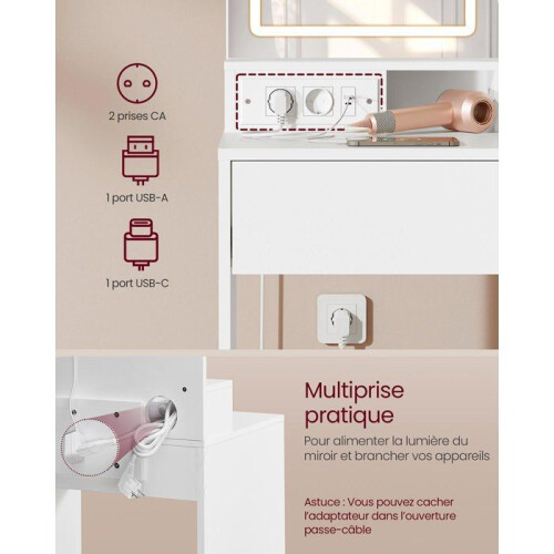 Coiffeuse - HELLOSHOP26 - Miroir LED - 1 tiroir - 2 étagères - Blanc moderne 1