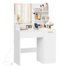 Coiffeuse - HELLOSHOP26 - Miroir LED - 1 tiroir - 2 étagères - Blanc moderne