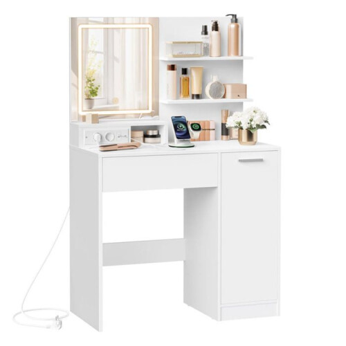 Coiffeuse - HELLOSHOP26 - Miroir LED - 1 tiroir - 2 étagères - Blanc moderne