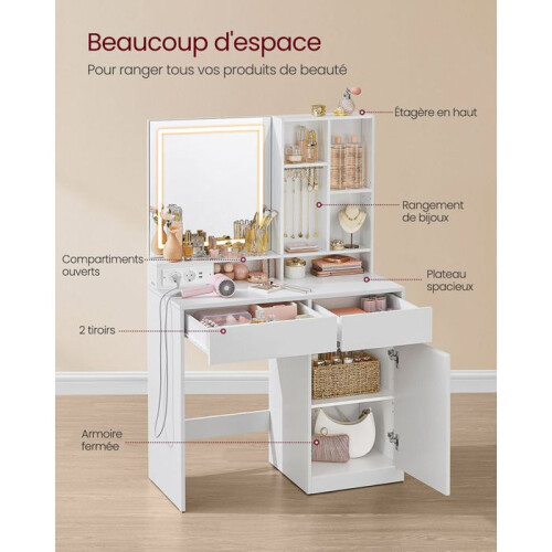Coiffeuse - HELLOSHOP26 - Miroir rétroéclairé - 2 tiroirs - 6 compartiments - USB intégré 1