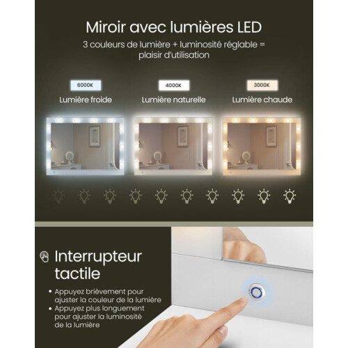 Coiffeuse - HELLOSHOP26 - Miroir avec éclairage LED - 5 tiroirs - Multiprise intégrée - Design contemporain 2