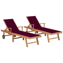 Transat - Helloshop26 - Set von 2 - Teakholz - Verstellbare Rückenlehne - Rotes Kissen
