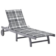 Transat chaise longue de sol, cama de jardín, mueble de exterior con cojín gris, madera de acacia sólida 02_0012478