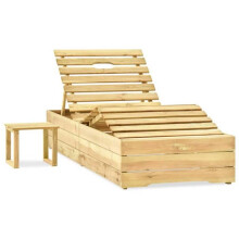 Transat chaise longue, baño de sol, cama de jardín, mueble de terraza exterior 198 cm con mesa de madera de pino impregnada.