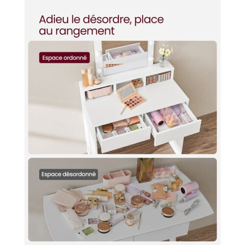 Coiffeuse - HELLOSHOP26 - Modèle avec miroir - 9 ampoules - 2 tiroirs - 3 compartiments 2