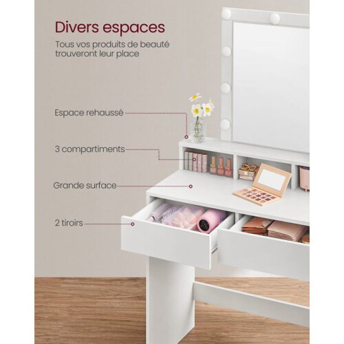 Coiffeuse - HELLOSHOP26 - Modèle avec miroir - 9 ampoules - 2 tiroirs - 3 compartiments 1