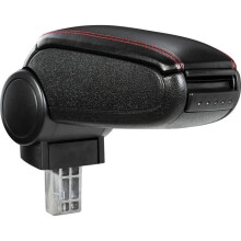 Apoyabrazos central para Peugeot 308 I con compartimento acolchado de cuero sintético negro con costuras rojas.