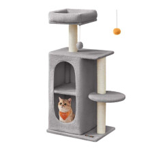 Katzenbaum - HELLOSHOP26 - 2 Ebenen - 2 Höhlen - Kratzsäulen - Hellgrau