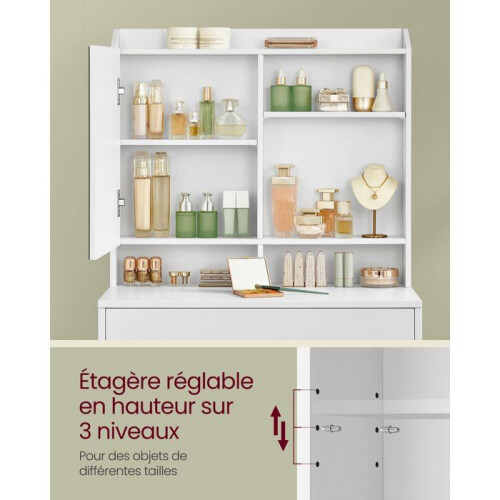Coiffeuse - HELLOSHOP26 - Blanc - Miroir inclus - 1 tiroir - Étagères réglables 1