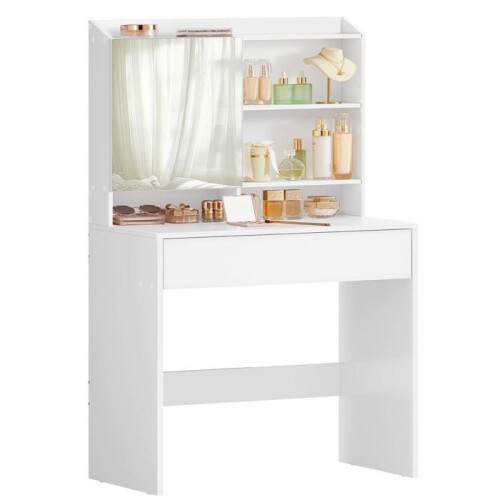 Coiffeuse - HELLOSHOP26 - Blanc - Miroir inclus - 1 tiroir - Étagères réglables