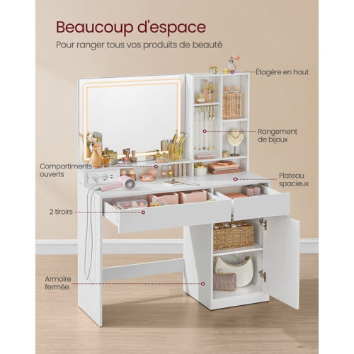 Coiffeuse - HELLOSHOP26 - Miroir avec lumière - 2 tiroirs - USB - Étagères réglables 1