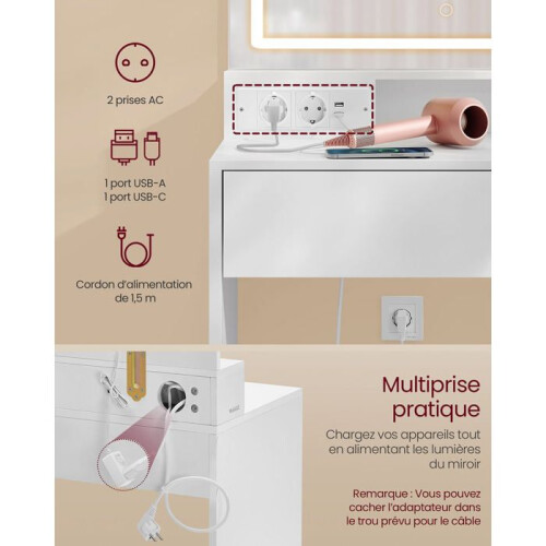 Coiffeuse - HELLOSHOP26 - Miroir avec lumière - 2 tiroirs - USB - Étagères réglables 2