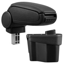 Apoyabrazos central para Kia Rio tercera generación tipo UB con compartimento acolchado de piel sintética negra con costuras.