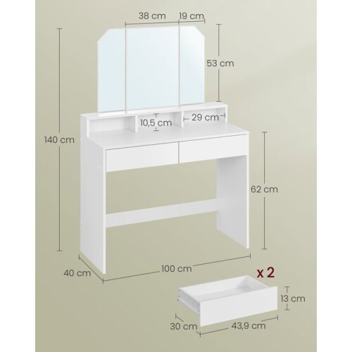 Coiffeuse - HELLOSHOP26 - Miroir pliable - 2 tiroirs - 3 compartiments - Design moderne blanc 2