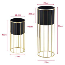 Conjunto de 2 suportes para plantas com cache-pot, vaso de flores e recipiente de flores em metal, tamanhos diferentes, dourado e preto 03_0006046