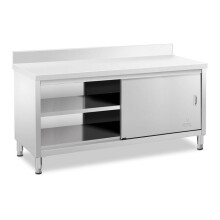 Mueble bajo de acero inoxidable, encimera de cocina, armario con puertas correderas y salpicadero.