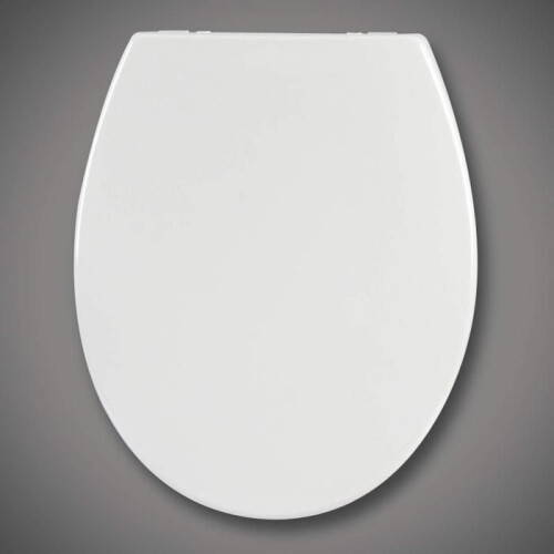 Assento de WC branco com dobradiça de fechamento suave e tampa de assento.