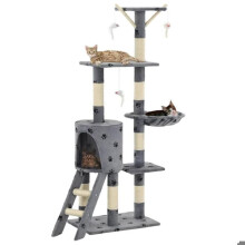 Árvore para gatos com arranhador, nicho, brinquedo para animais de pelúcia em sisal 138 cm cinza com padrão