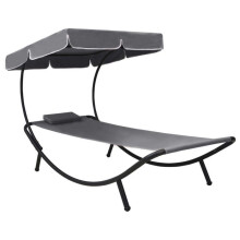 Sillón de descanso transat chaise longue de exterior 200 cm con toldo y almohada gris 02_0012006