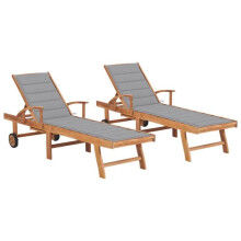 Transat chaise longue - Teck - Pack de 2 - Respaldo ajustable - Cojín gris - Mueble de jardín