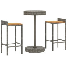 Ensemble de bar - Jardin - 3 pièces - Gris - Poly rotin et bois massif - Résistant aux intempéries