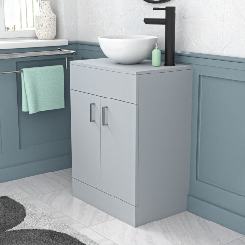 NES Home Nes Home Matte Grey 600mm Bathroom Doors Vanity Unit Round Ceramic Basin 2