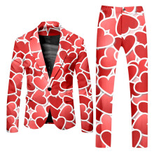 Men's Valentine's Day Suit 2-Piece Slim Fit Set, Heart Print Elegant Blazer Jacket And Suit Trousers For Dating, Red XXL