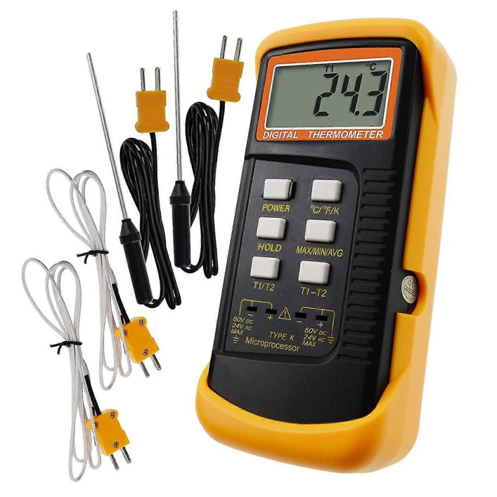 Type K Thermometer With 1300c Thermocouple Sensor (c,f And K With 4 Thermocouples (wired And Stainless Steel)