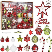 70 Piece Christmas Bauble Ornaments Set, Red Green White Hanging Christmas Decorations with Star Tree Topper for Christmas Tree