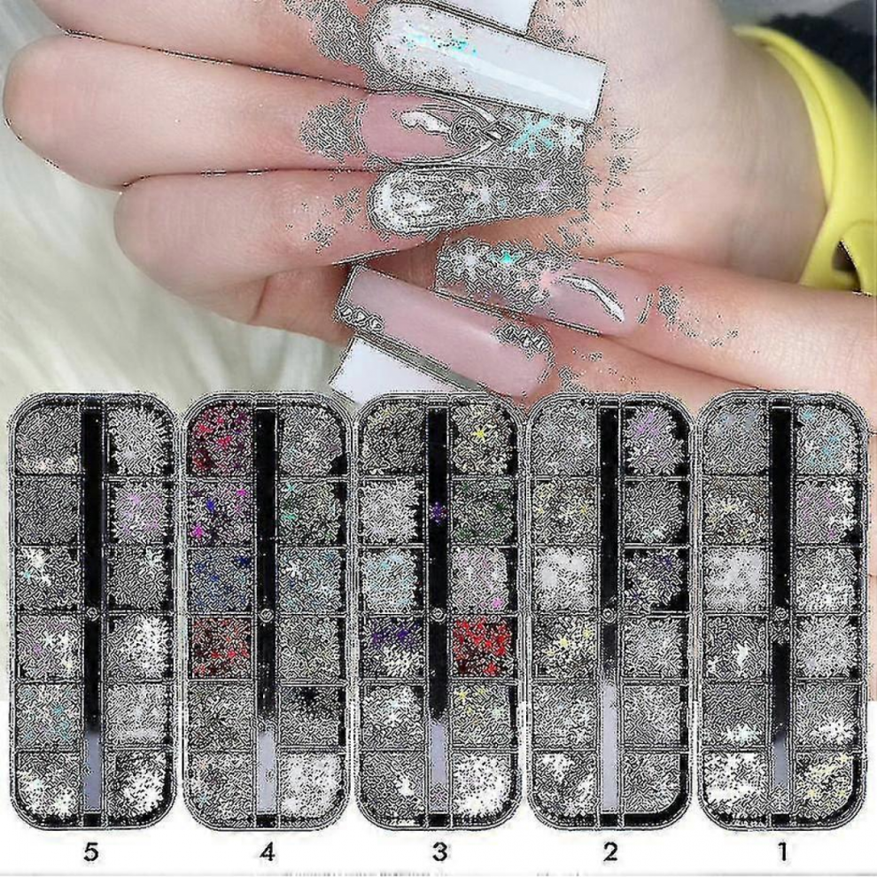 5 Boxes Christmas Nails Decorations Holographic Snowflake Nail Glitter Christmas Nail 3d Snowflake Nail Sequins Star Glitter Diy Manicure Laser Ac-MXB