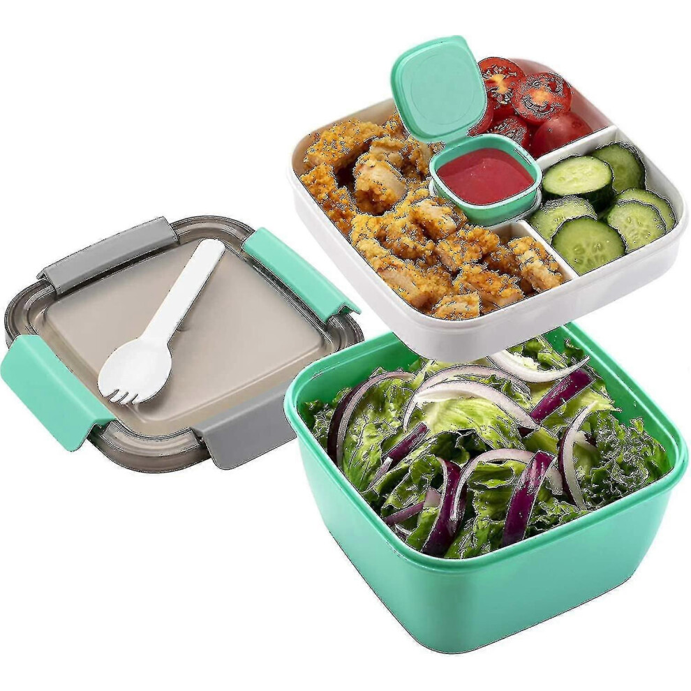 Salad Container to Go, 1.5L 3 Compartment Salad Bowls, Container for Salad Dressings, Snacks, Men and Women (Green)