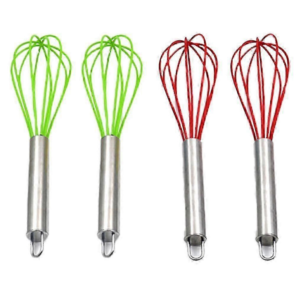 Set of 4 colorful mini silicone kitchen whisks with stainless steel handles