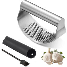 Stainless Steel Rocking Garlic Press - Garlic Chopper, Handheld Garlic Crusher, Ginger Cutter, Garlic Press - Silicone Garlic Peeler, Tube & C